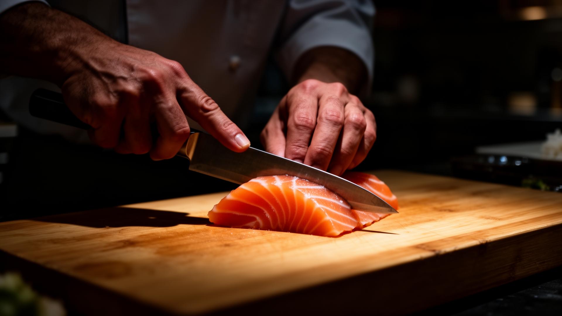 Sushi chef slicing fresh salmon